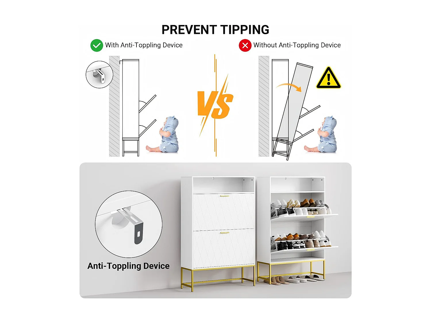 Meuble à chaussures, avec 2 portes abattants et 1 étagère ouverte, conception anti-inclinaison, Blanc, 80x24x117CM