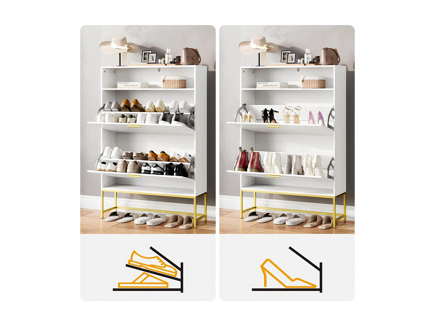 Meuble à chaussures, avec 2 portes abattants et 1 étagère ouverte, conception anti-inclinaison, Blanc, 80x24x117CM