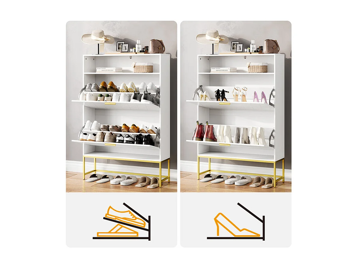 Meuble à chaussures, avec 2 portes abattants et 1 étagère ouverte, conception anti-inclinaison, Blanc, 80x24x117CM