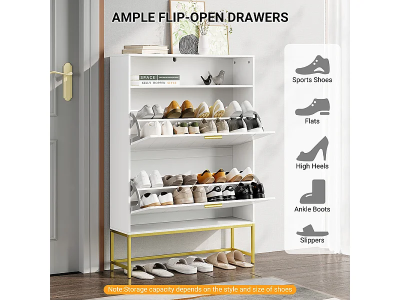 Meuble à chaussures, avec 2 portes abattants et 1 étagère ouverte, conception anti-inclinaison, Blanc, 80x24x117CM