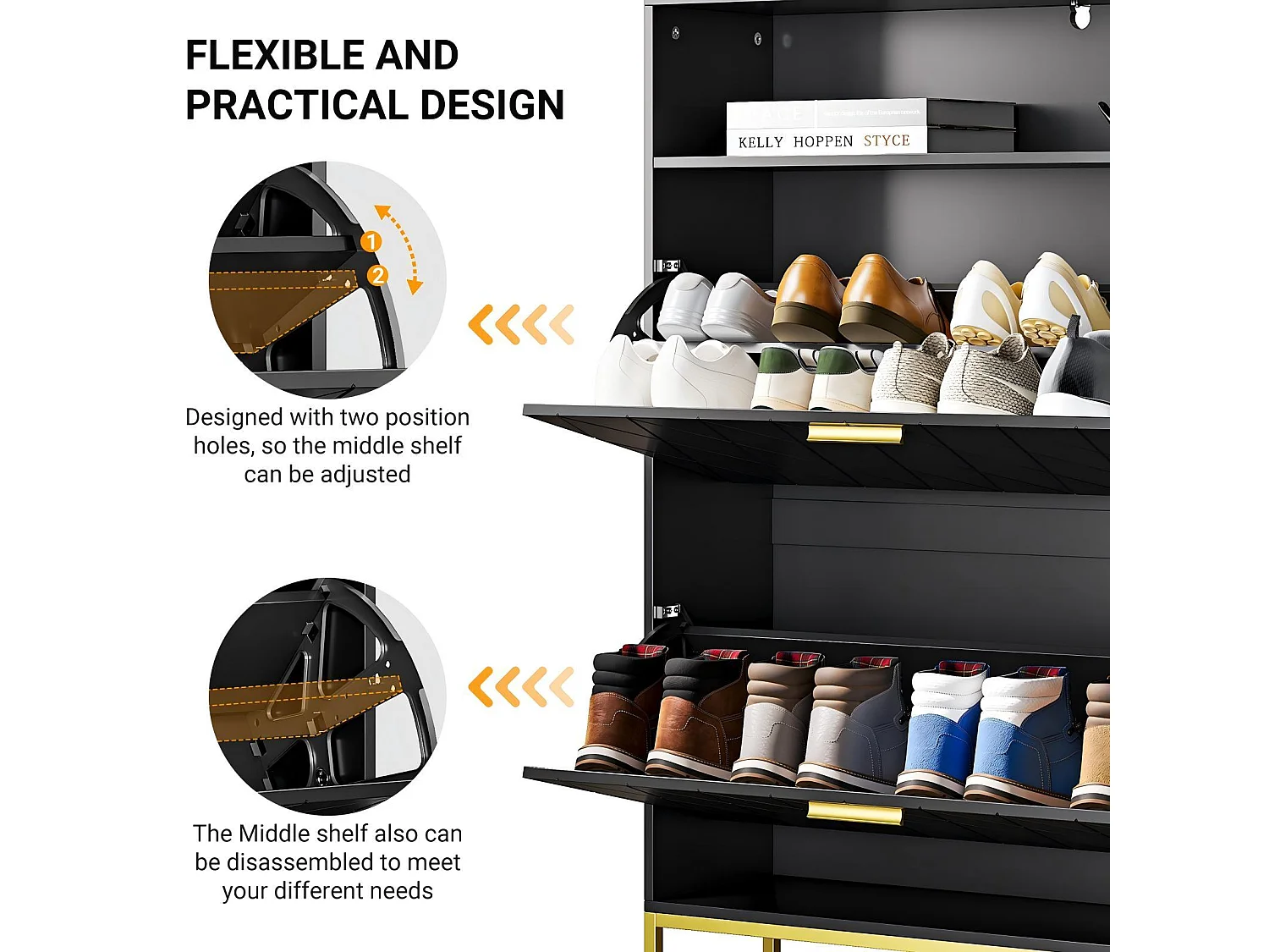 Meuble à chaussures, avec 2 portes abattants et 1 étagère ouverte, conception anti-inclinaison, Noir, 80x24x117CM