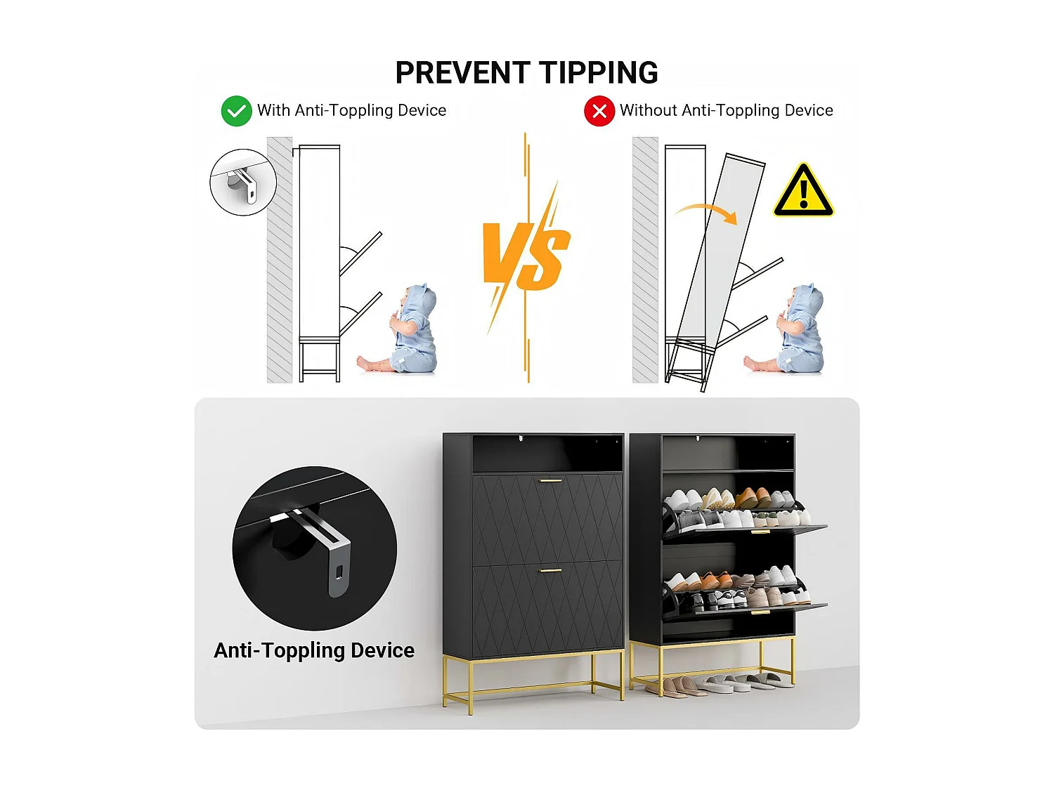 Meuble à chaussures, avec 2 portes abattants et 1 étagère ouverte, conception anti-inclinaison, Noir, 80x24x117CM