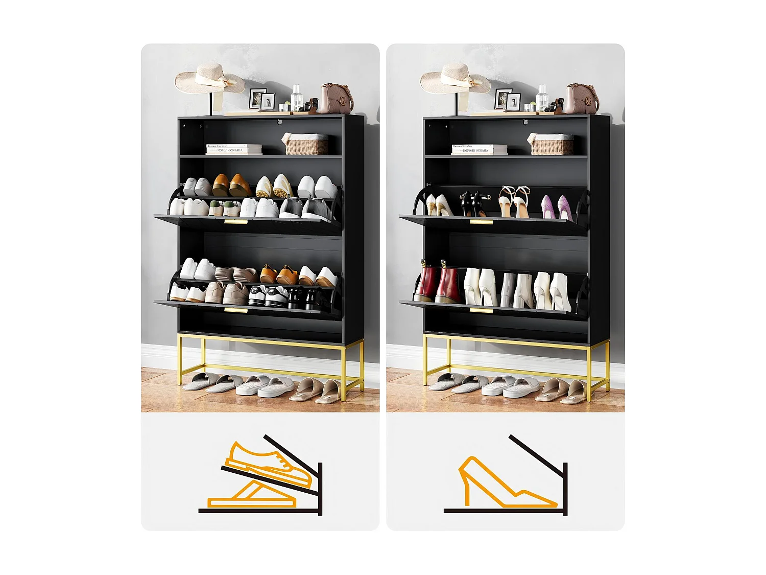 Meuble à chaussures, avec 2 portes abattants et 1 étagère ouverte, conception anti-inclinaison, Noir, 80x24x117CM