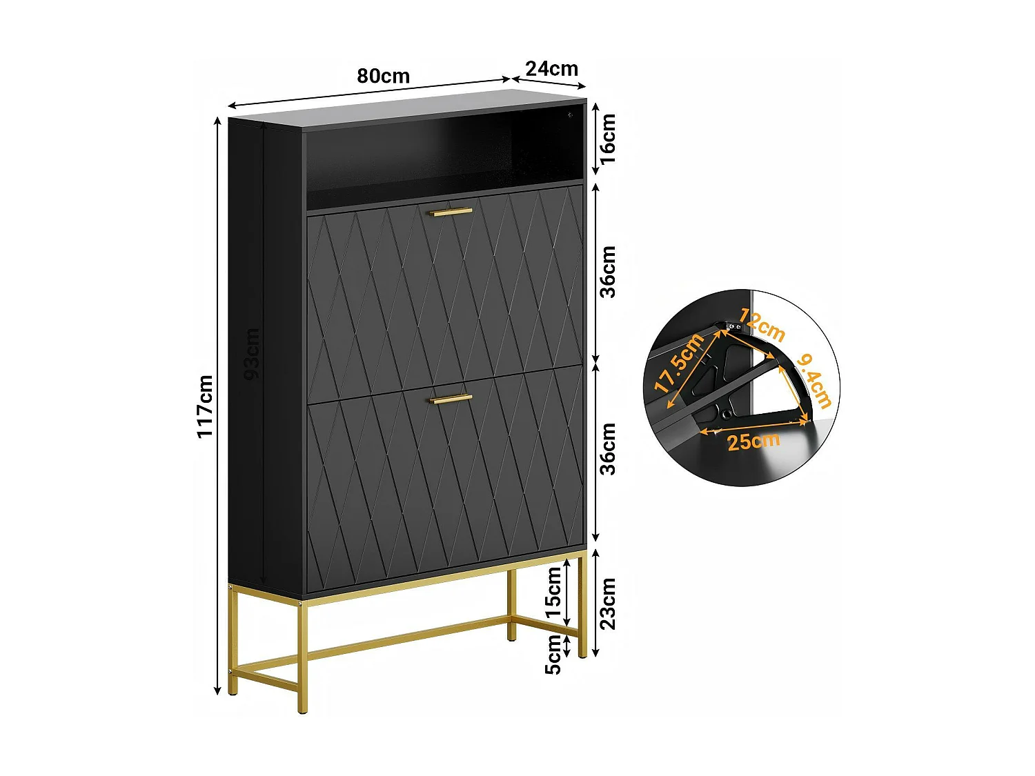 Meuble à chaussures, avec 2 portes abattants et 1 étagère ouverte, conception anti-inclinaison, Noir, 80x24x117CM