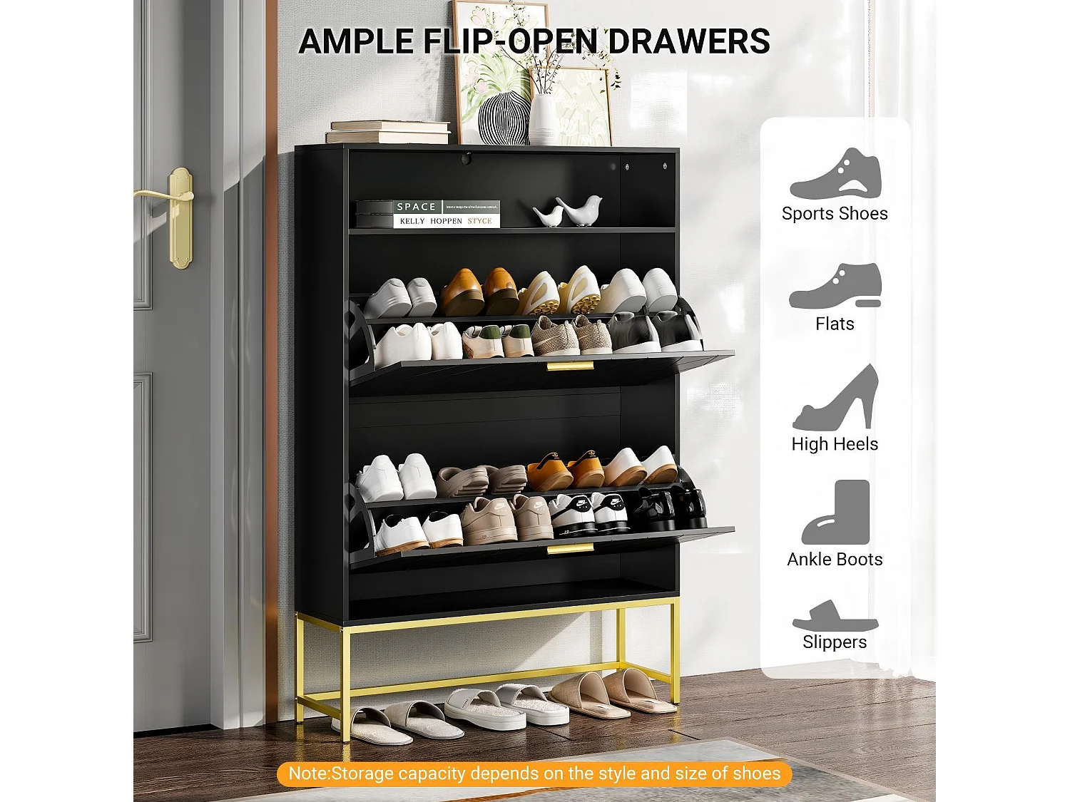 Meuble à chaussures, avec 2 portes abattants et 1 étagère ouverte, conception anti-inclinaison, Noir, 80x24x117CM