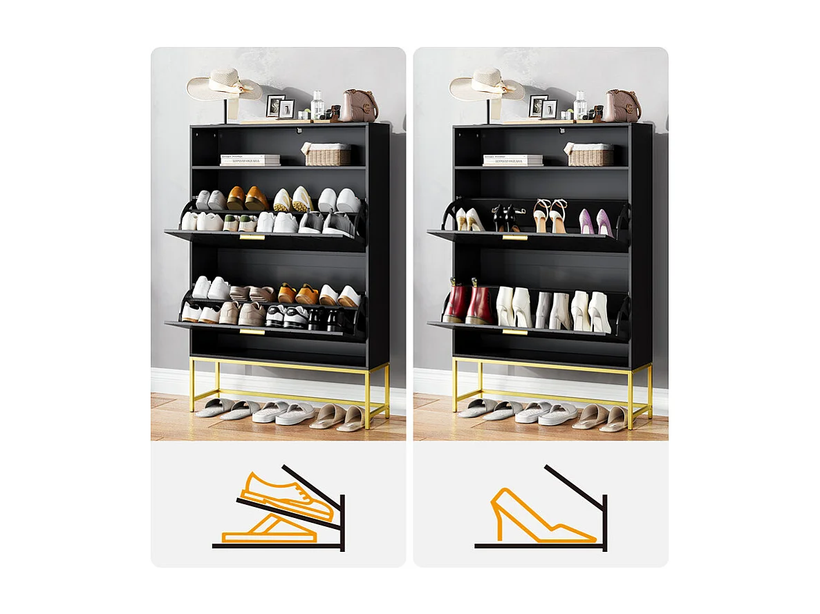 Meuble à chaussures, avec 2 portes abattants et 1 étagère ouverte, conception anti-inclinaison, Noir, 80x24x117CM