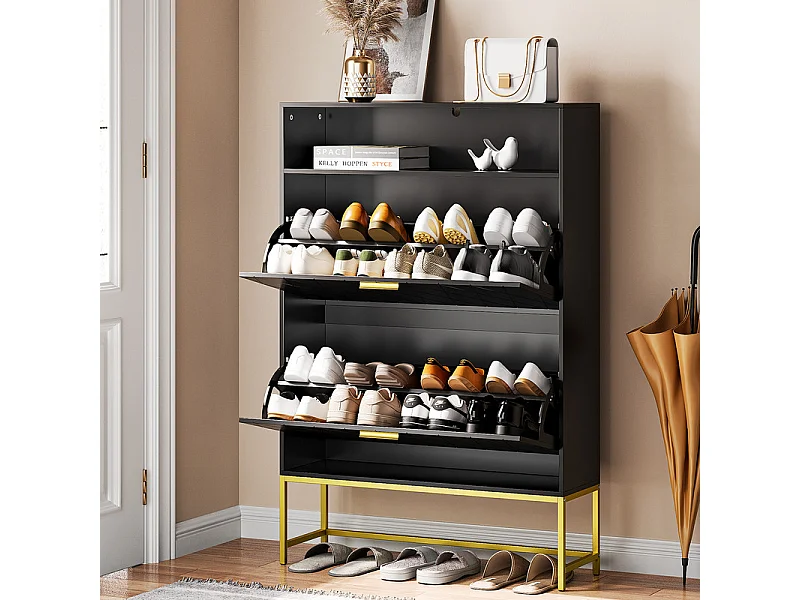 Meuble à chaussures, avec 2 portes abattants et 1 étagère ouverte, conception anti-inclinaison, Noir, 80x24x117CM