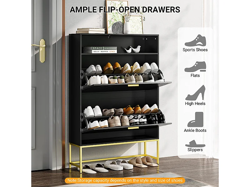 Meuble à chaussures, avec 2 portes abattants et 1 étagère ouverte, conception anti-inclinaison, Noir, 80x24x117CM