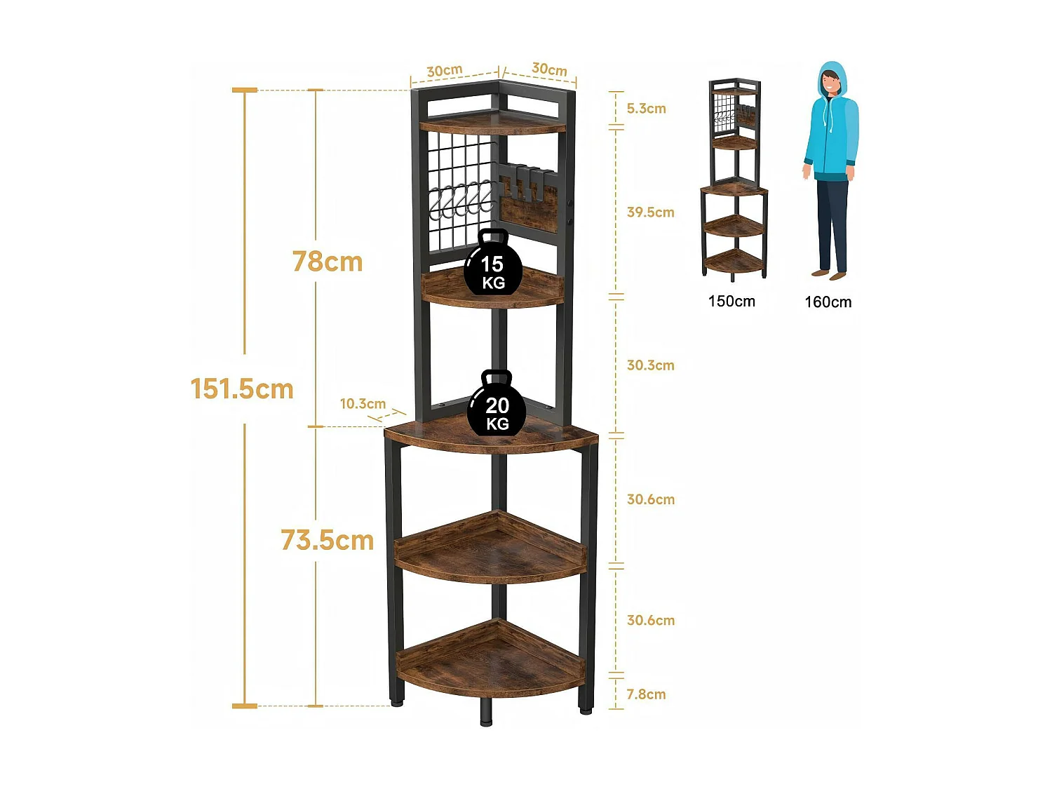 Scaffale d'angolo, 5 scatole, scaffale versatile per il display, soggiorno per soggiorno, unità di stoccaggio, 30x30x150 cm