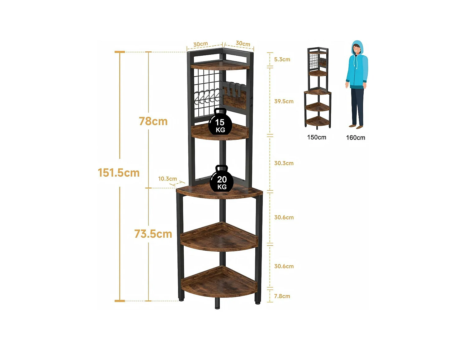 Hoekplank, 5 vakken, Multifunctionele displayplank, Plantenhouder voor woonkamer, Opbergmeubel, 30x30x150cm