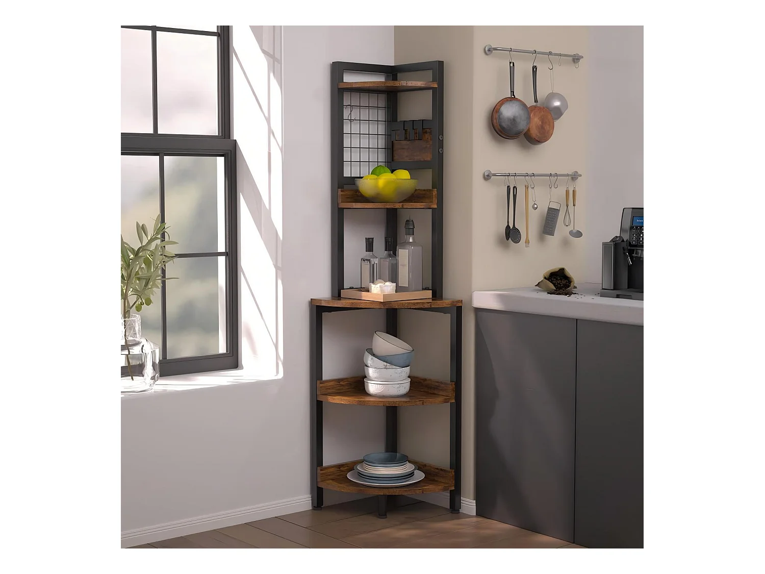 Hoekplank, 5 vakken, Multifunctionele displayplank, Plantenhouder voor woonkamer, Opbergmeubel, 30x30x150cm