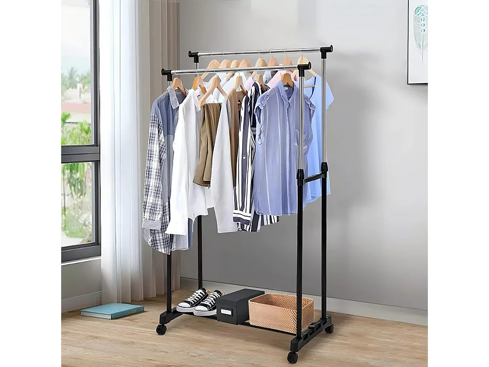 Portant à Vêtements Roulettes, Tringle à Vêtements Extensible Hauteur 90-160 cm, avec Porte-chaussures, charge max. 50Kg, 2 Tringles