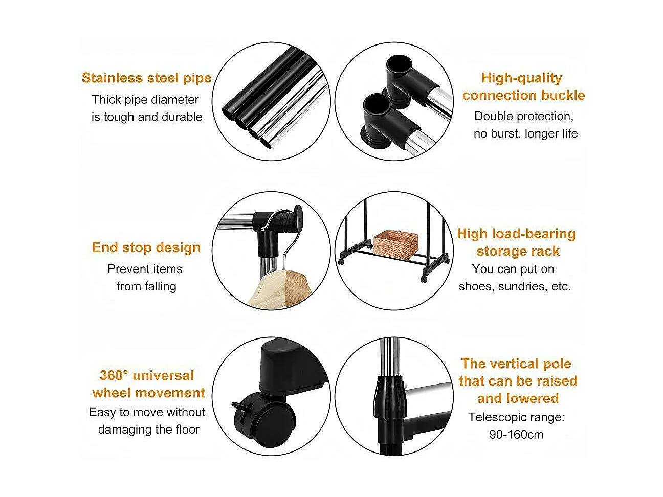 Portant à Vêtements Roulettes, Tringle à Vêtements Extensible Hauteur 90-160 cm, avec Porte-chaussures, charge max. 50Kg, 2 Tringles