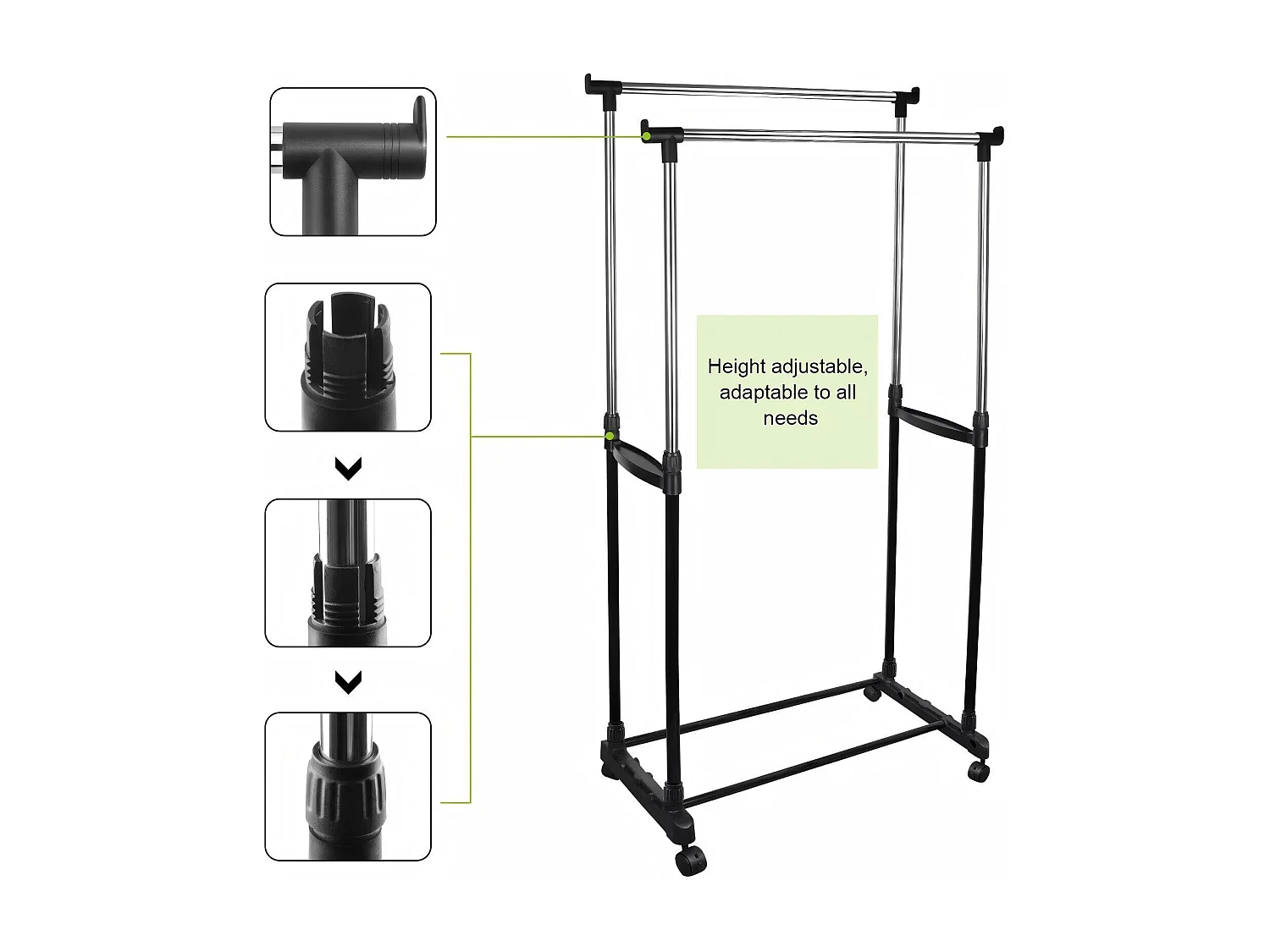 Portant à Vêtements Roulettes, Tringle à Vêtements Extensible Hauteur 90-160 cm, avec Porte-chaussures, charge max. 50Kg, 2 Tringles