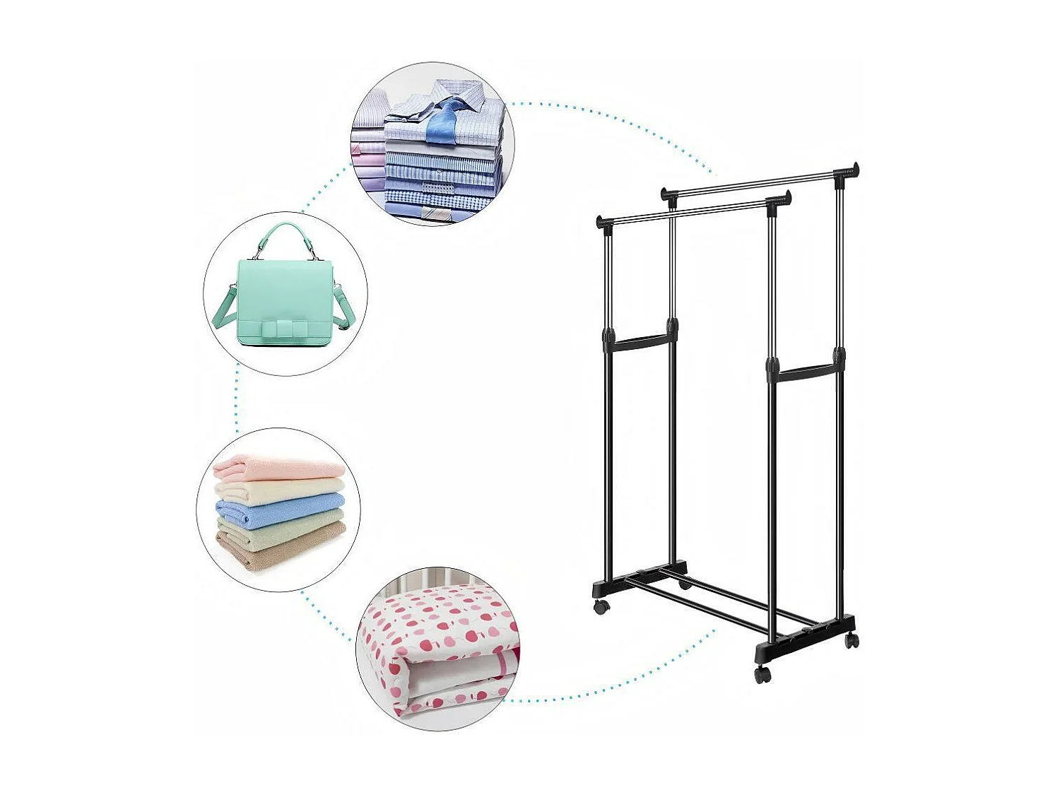Portant à Vêtements Roulettes, Tringle à Vêtements Extensible Hauteur 90-160 cm, avec Porte-chaussures, charge max. 50Kg, 2 Tringles