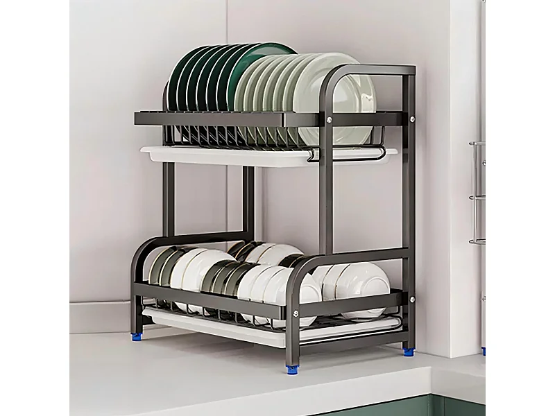 Egouttoir à vaisselle, 2 Niveaux, Grande Capacité, avec Support de Planche à découper, 4 Crochets, Rangement Vaisselle, 54 x 23 x 42cm