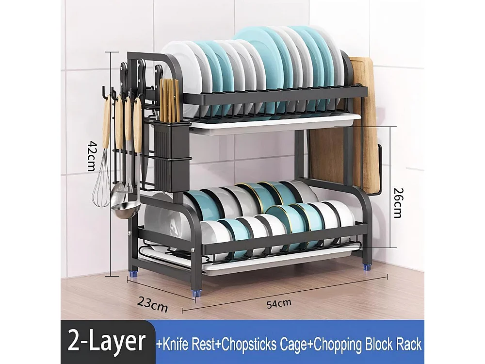 Egouttoir à vaisselle, 2 Niveaux, Grande Capacité, avec Support de Planche à découper, 4 Crochets, Rangement Vaisselle, 54 x 23 x 42cm