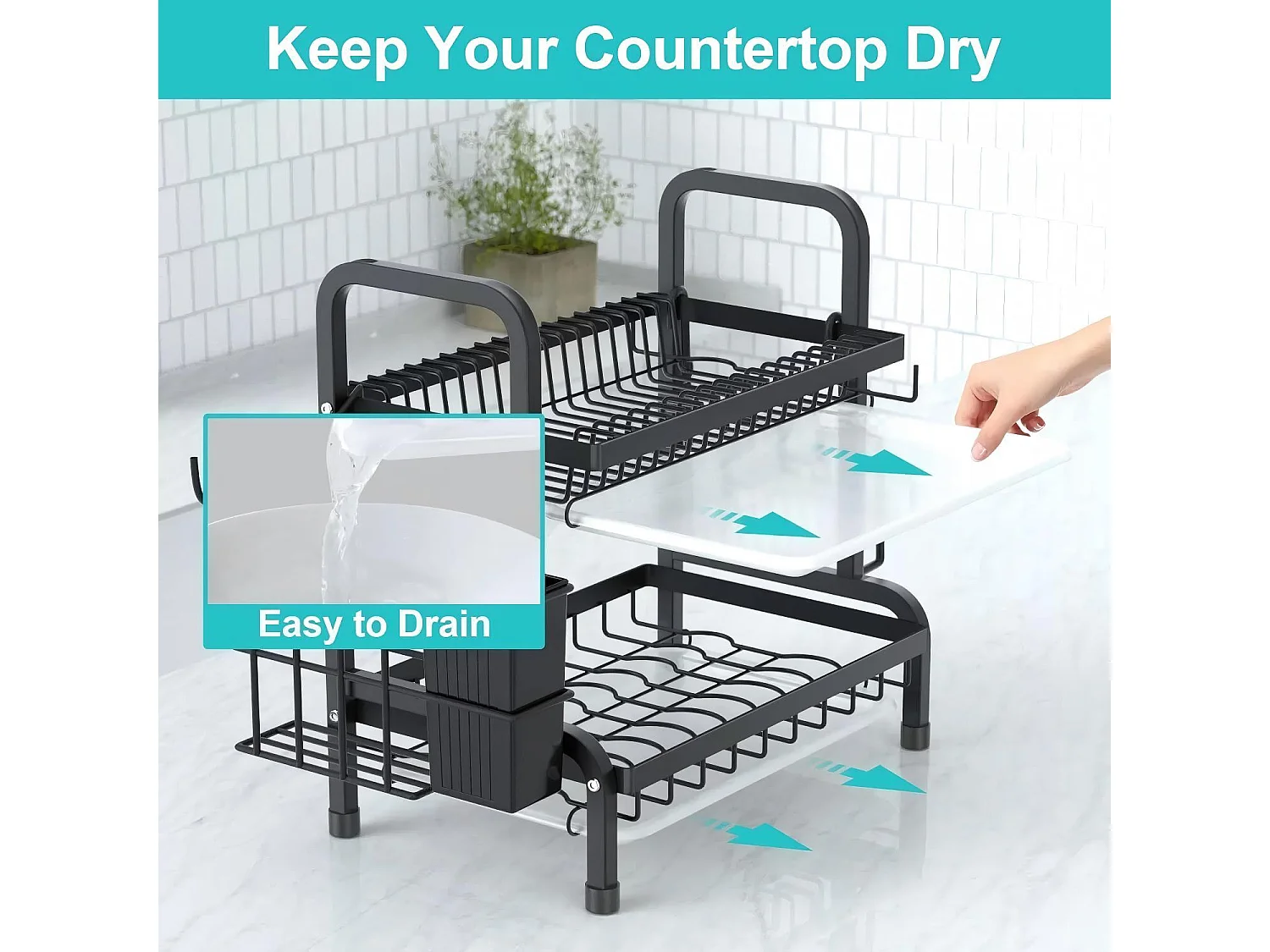 Egouttoir à vaisselle, 2 Niveaux, Grande Capacité, avec Support de Planche à découper, 4 Crochets, Rangement Vaisselle, 54 x 23 x 42cm