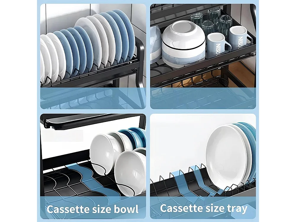 Egouttoir à vaisselle, 2 Niveaux, Grande Capacité, avec Support de Planche à découper, 4 Crochets, Rangement Vaisselle, 54 x 23 x 42cm