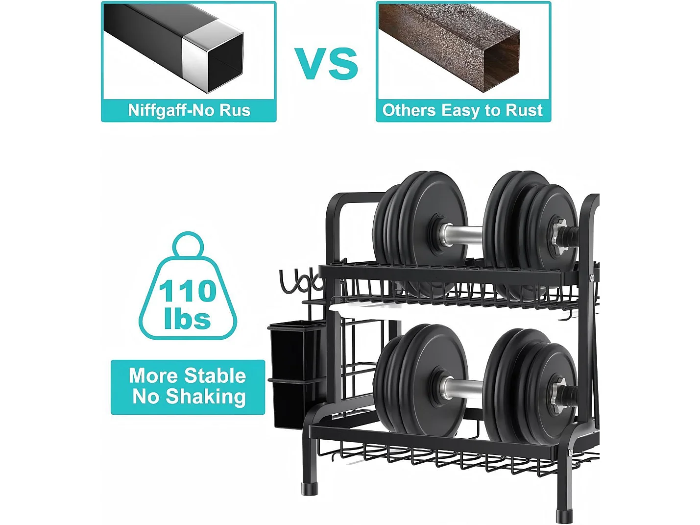 Egouttoir à vaisselle, 2 Niveaux, Grande Capacité, avec Support de Planche à découper, 4 Crochets, Rangement Vaisselle, 54 x 23 x 42cm