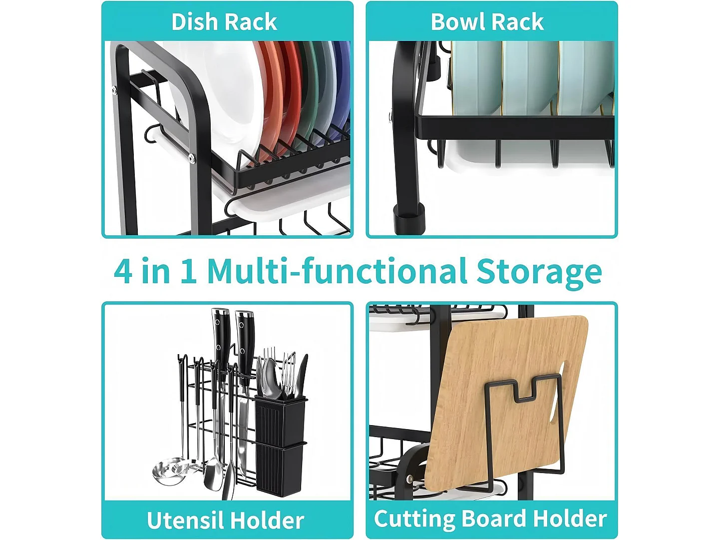 Egouttoir à vaisselle, 2 Niveaux, Grande Capacité, avec Support de Planche à découper, 4 Crochets, Rangement Vaisselle, 54 x 23 x 42cm