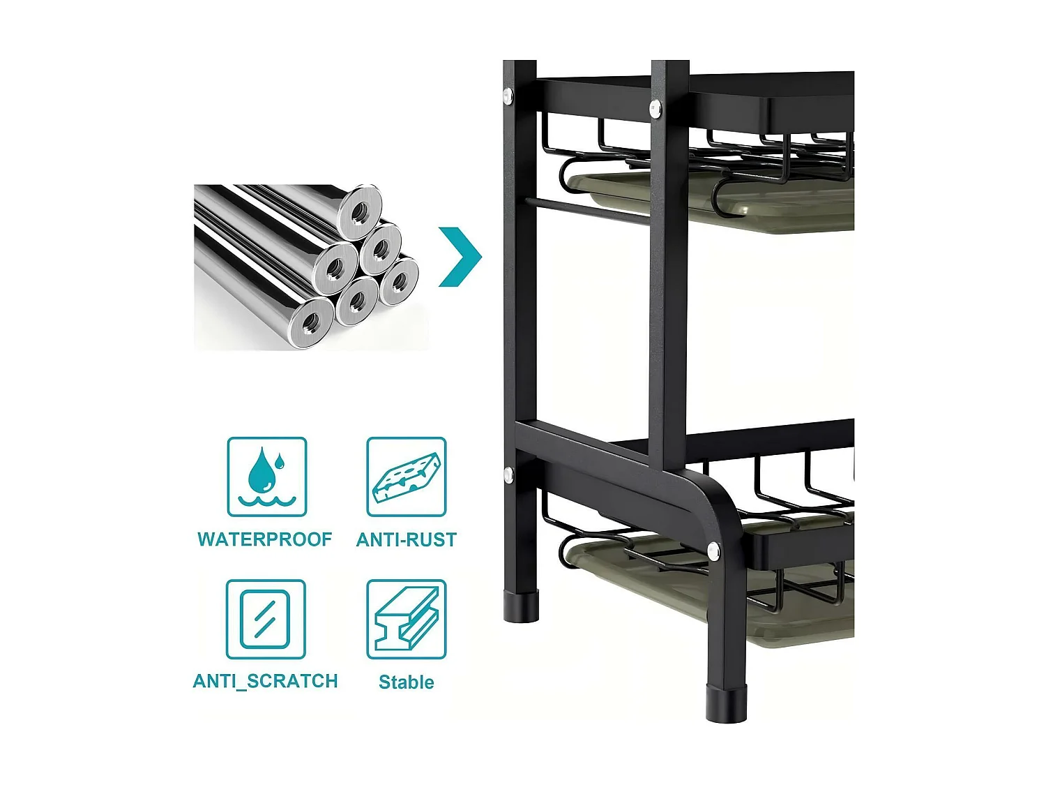 Egouttoir à vaisselle, 2 Niveaux, Grande Capacité, avec Support de Planche à découper, 4 Crochets, Rangement Vaisselle, 54 x 23 x 42cm