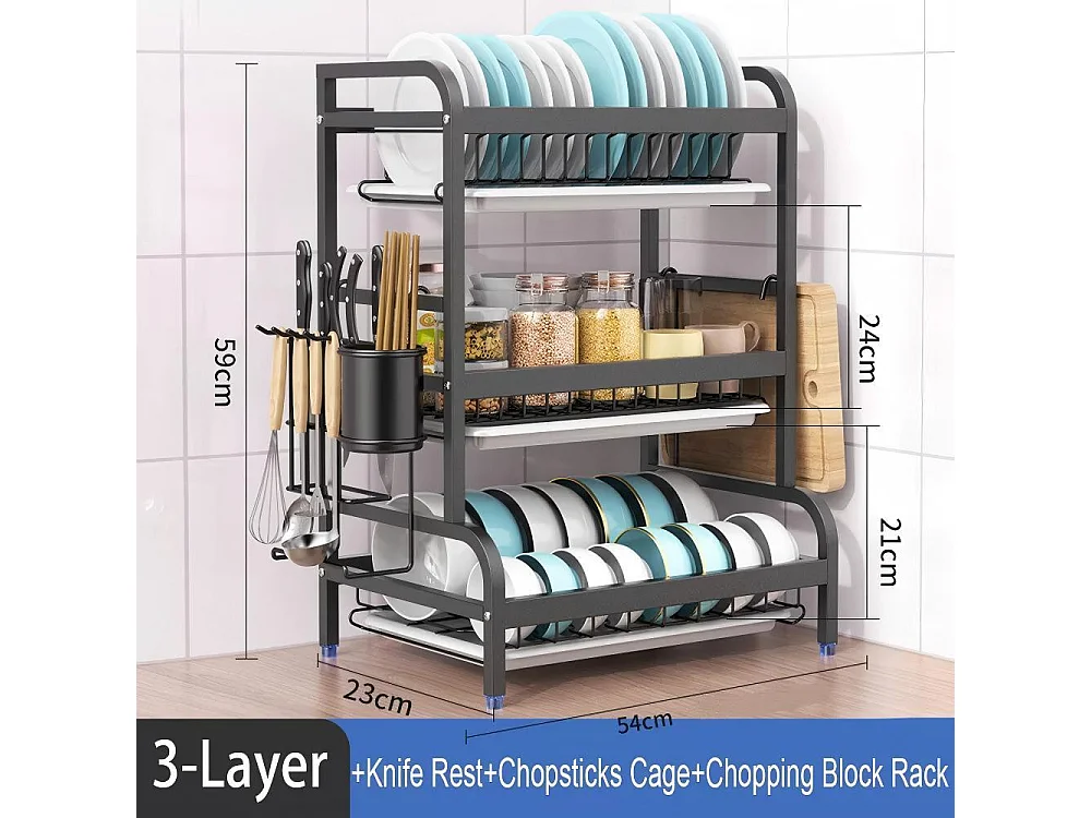 Egouttoir à vaisselle, 3 Niveaux, Grande Capacité, avec Support de Planche à découper, 4 Crochets, Rangement Vaisselle, 54 x 23 x 59cm