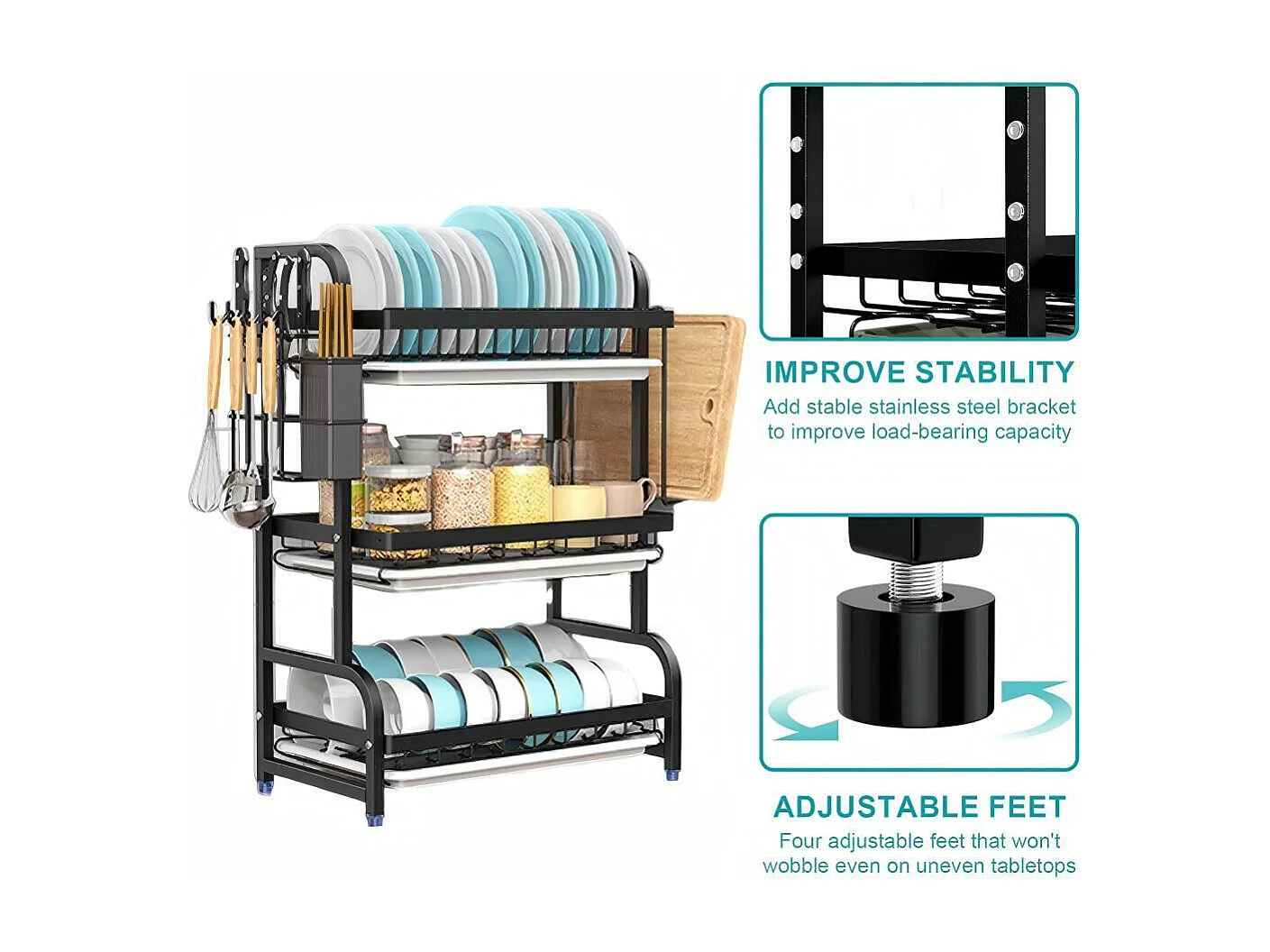 Egouttoir à vaisselle, 3 Niveaux, Grande Capacité, avec Support de Planche à découper, 4 Crochets, Rangement Vaisselle, 54 x 23 x 59cm