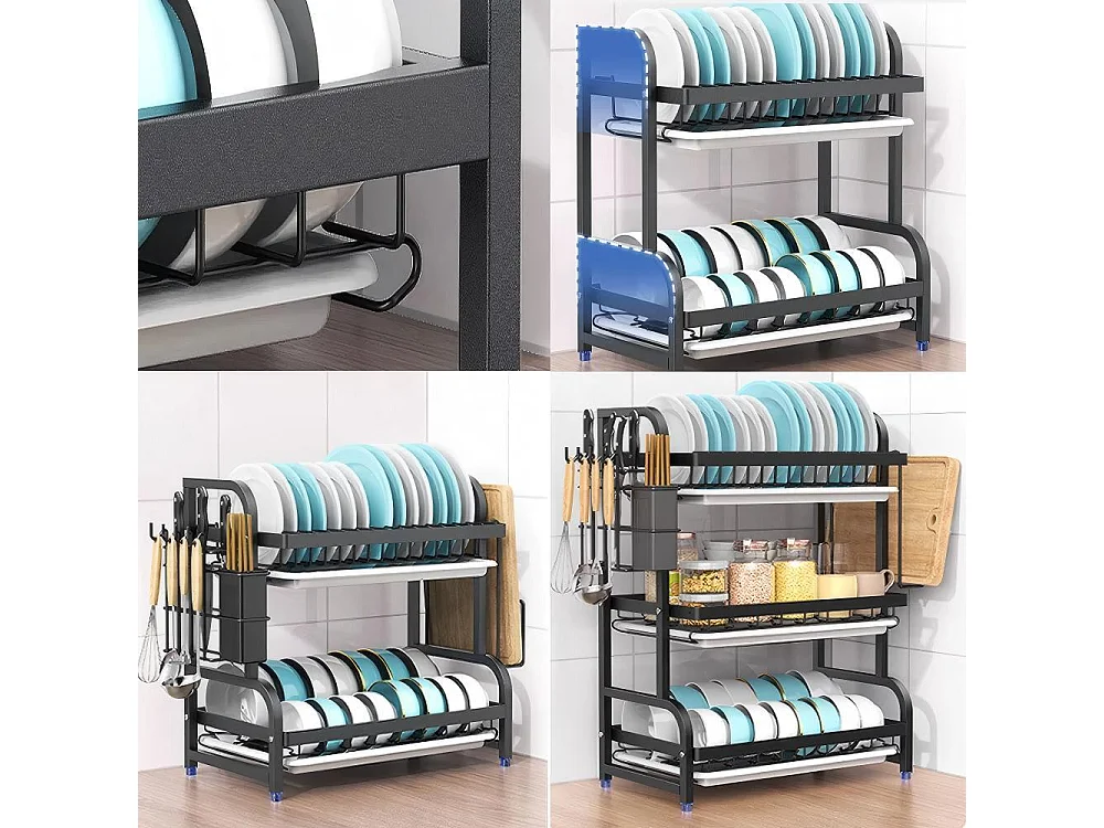 Egouttoir à vaisselle, 3 Niveaux, Grande Capacité, avec Support de Planche à découper, 4 Crochets, Rangement Vaisselle, 54 x 23 x 59cm