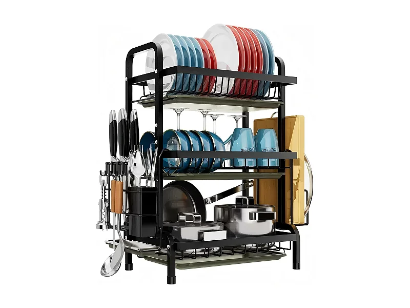 Egouttoir à vaisselle, 3 Niveaux, Grande Capacité, avec Support de Planche à découper, 4 Crochets, Rangement Vaisselle, 54 x 23 x 59cm