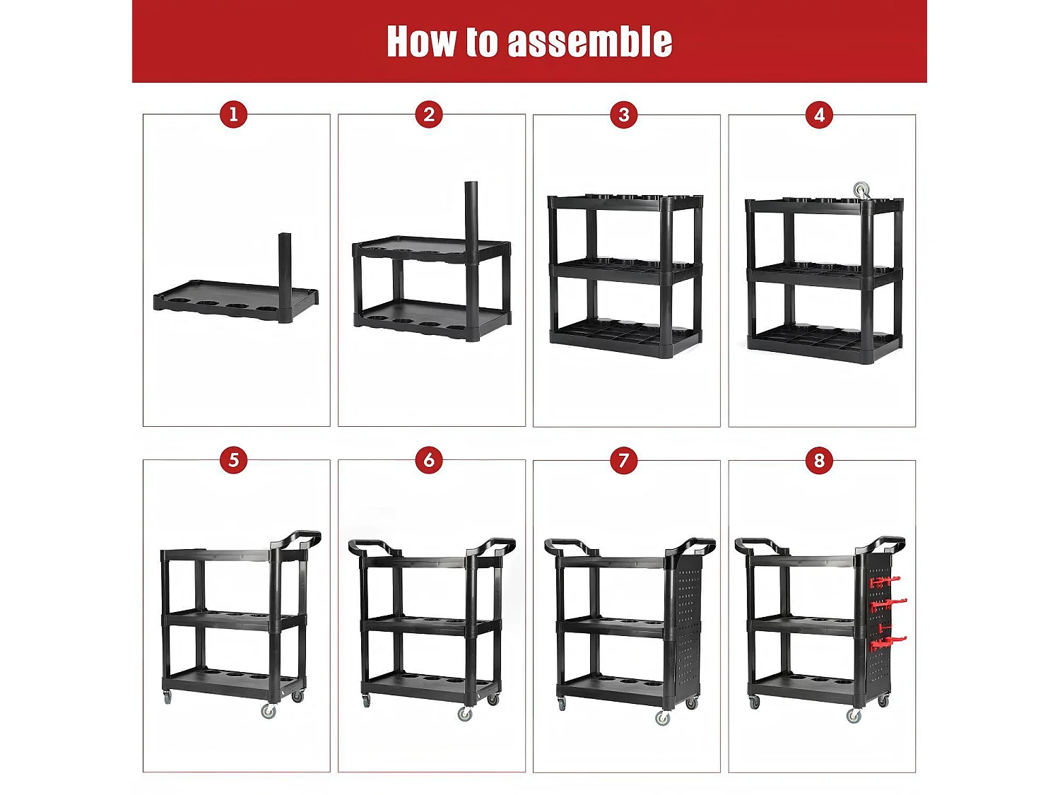 Chariot à outils pour atelier, Chariot à Outils mobile 3 Plateaux, avec 10 crochets et 1 panneau de suspension, charge max 150kg