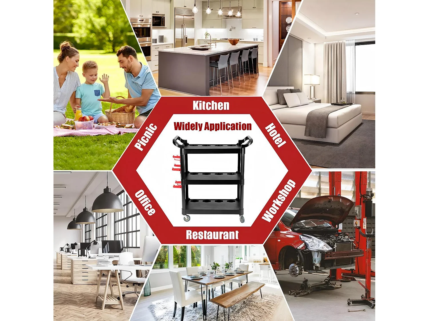 Chariot à outils pour atelier, Chariot à Outils mobile 3 Plateaux, avec 10 crochets et 1 panneau de suspension, charge max 150kg