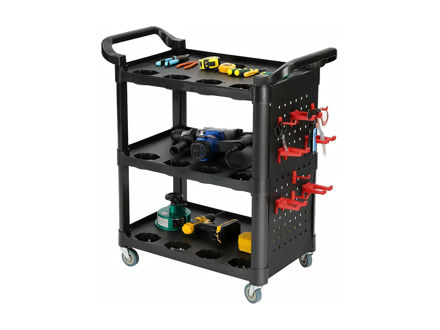 Werkzeugtrolley für Workshop, 3 -fahrer mobiler Werkzeugwagen, mit 10 Haken und 1 Aufhängebereich, max. 150 kg Last