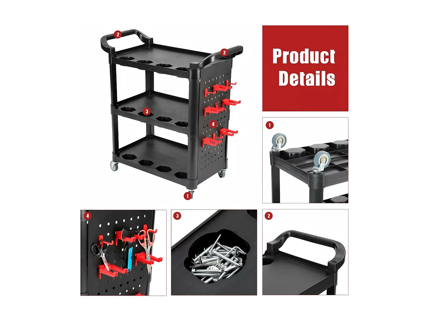 Werkzeugtrolley für Workshop, 3 -fahrer mobiler Werkzeugwagen, mit 10 Haken und 1 Aufhängebereich, max. 150 kg Last