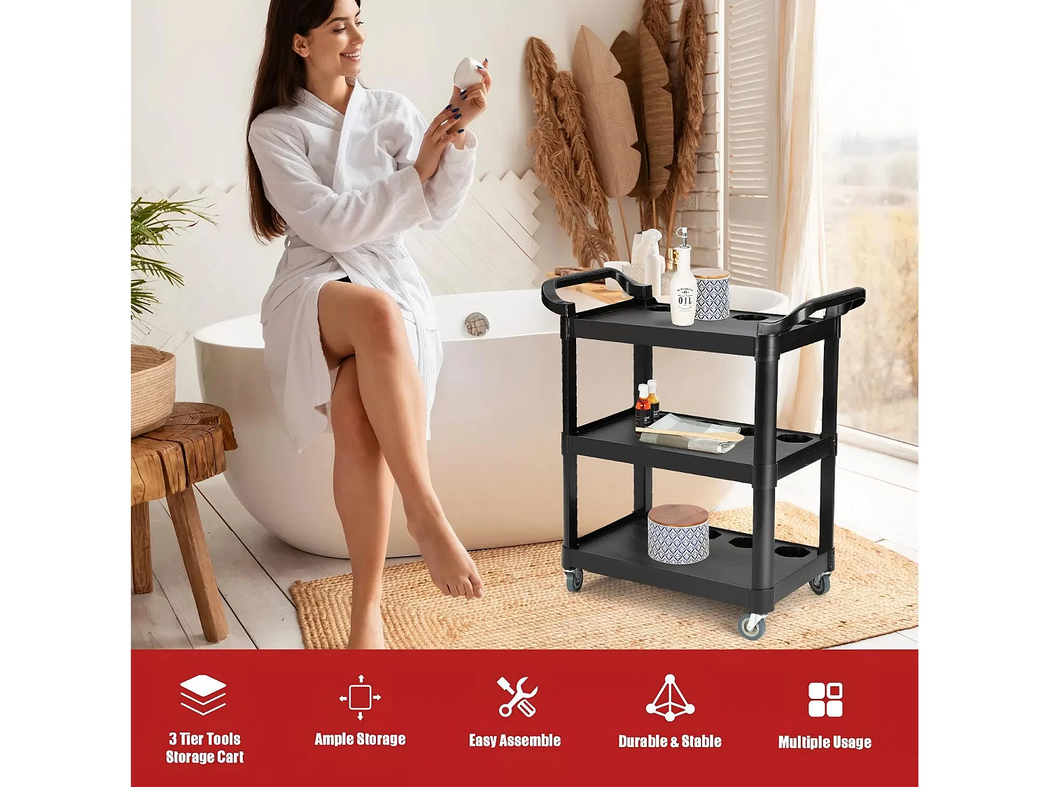 Werkzeugtrolley für Workshop, 3 -fahrer mobiler Werkzeugwagen, mit 10 Haken und 1 Aufhängebereich, max. 150 kg Last