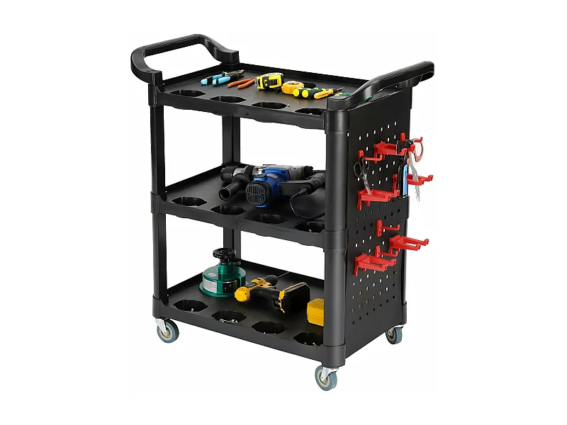 Chariot à outils pour atelier, Chariot à Outils mobile 3 Plateaux, avec 10 crochets et 1 panneau de suspension, charge max 150kg