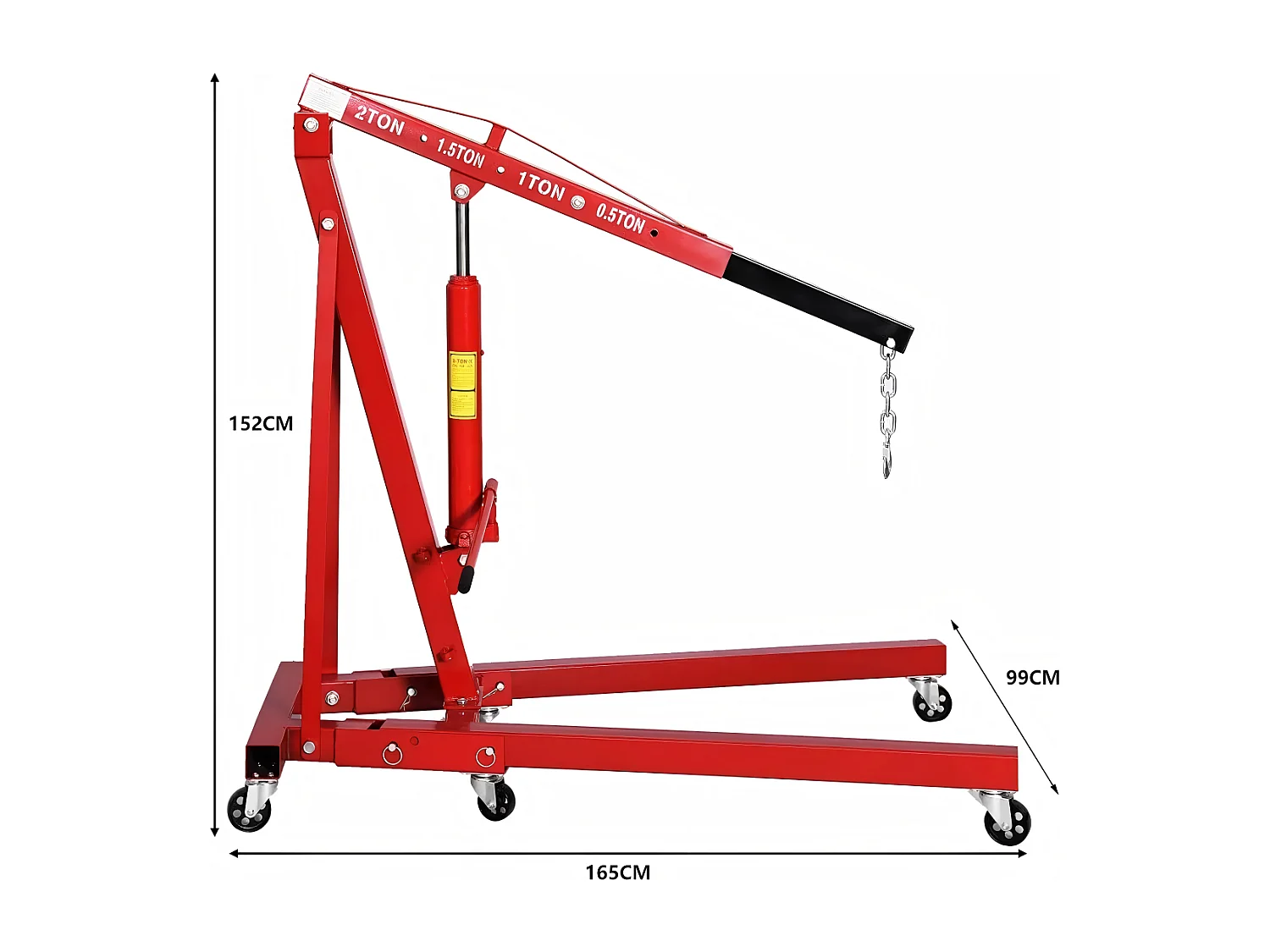 Grue à moteur hydraulique pliable, Grue d’atelier, Charge MAX 2000kg, Plage de levage : 0-1830 mm, avec roues universelles, 165x99x152CM