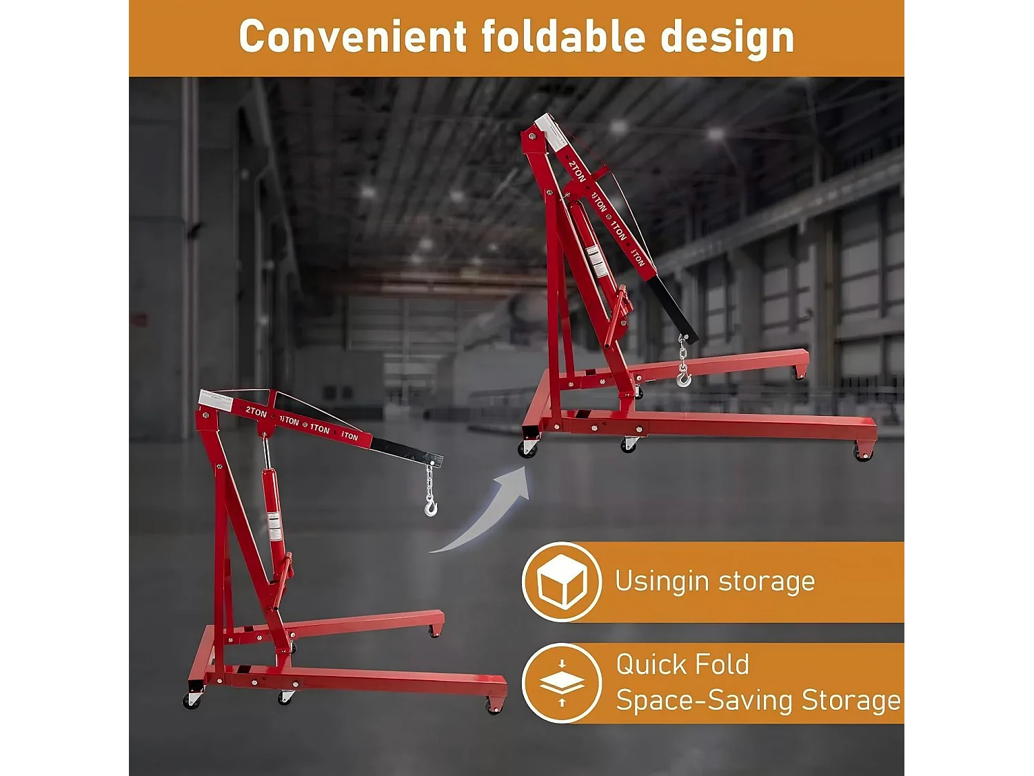 Grue à moteur hydraulique pliable, Grue d’atelier, Charge MAX 2000kg, Plage de levage : 0-1830 mm, avec roues universelles, 165x99x152CM