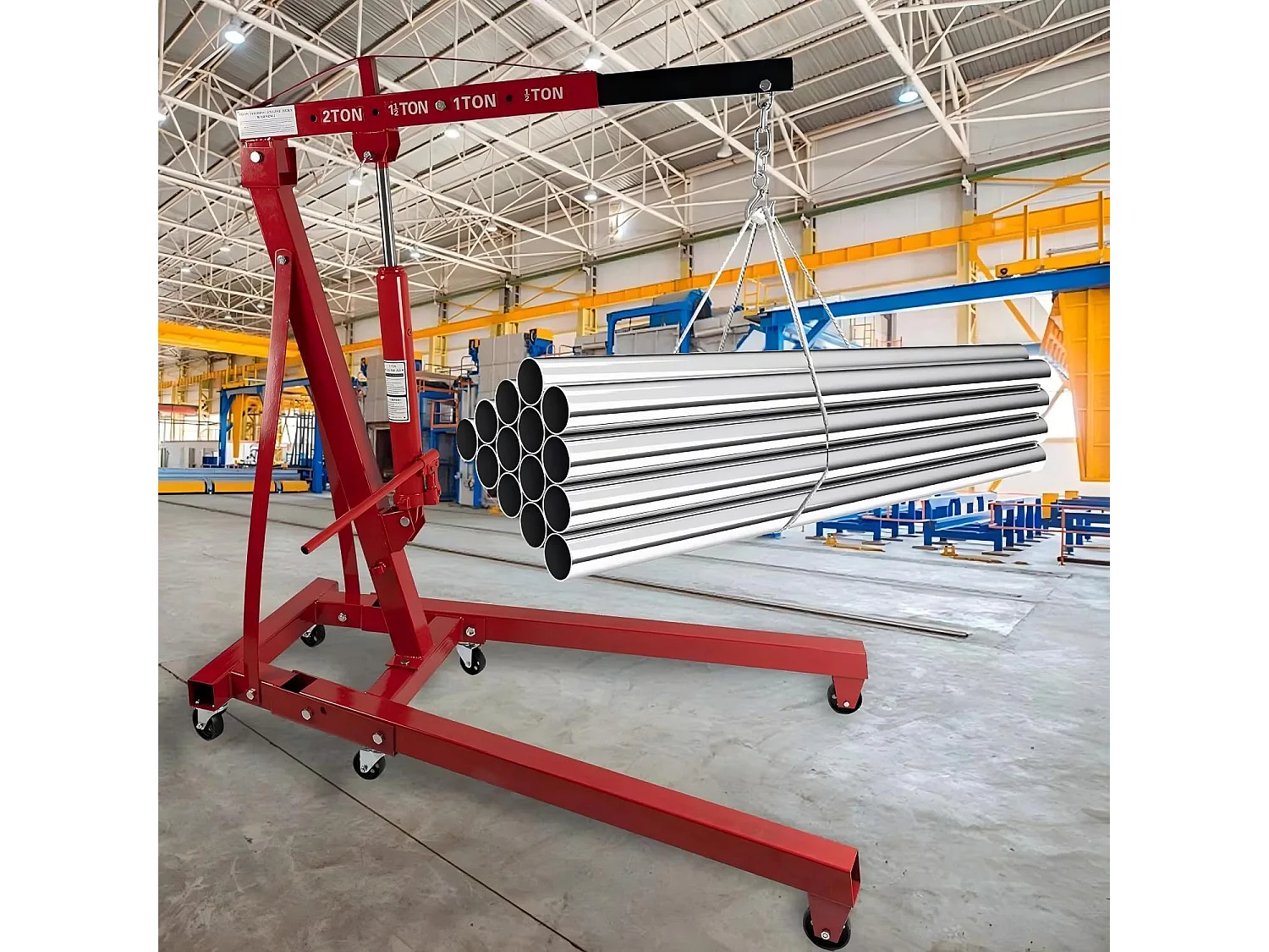 Grue à moteur hydraulique pliable, Grue d’atelier, Charge MAX 2000kg, Plage de levage : 0-1830 mm, avec roues universelles, 165x99x152CM