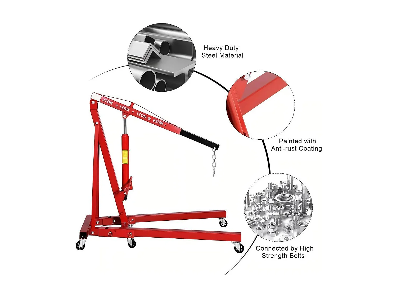 Grue à moteur hydraulique pliable, Grue d’atelier, Charge MAX 2000kg, Plage de levage : 0-1830 mm, avec roues universelles, 165x99x152CM