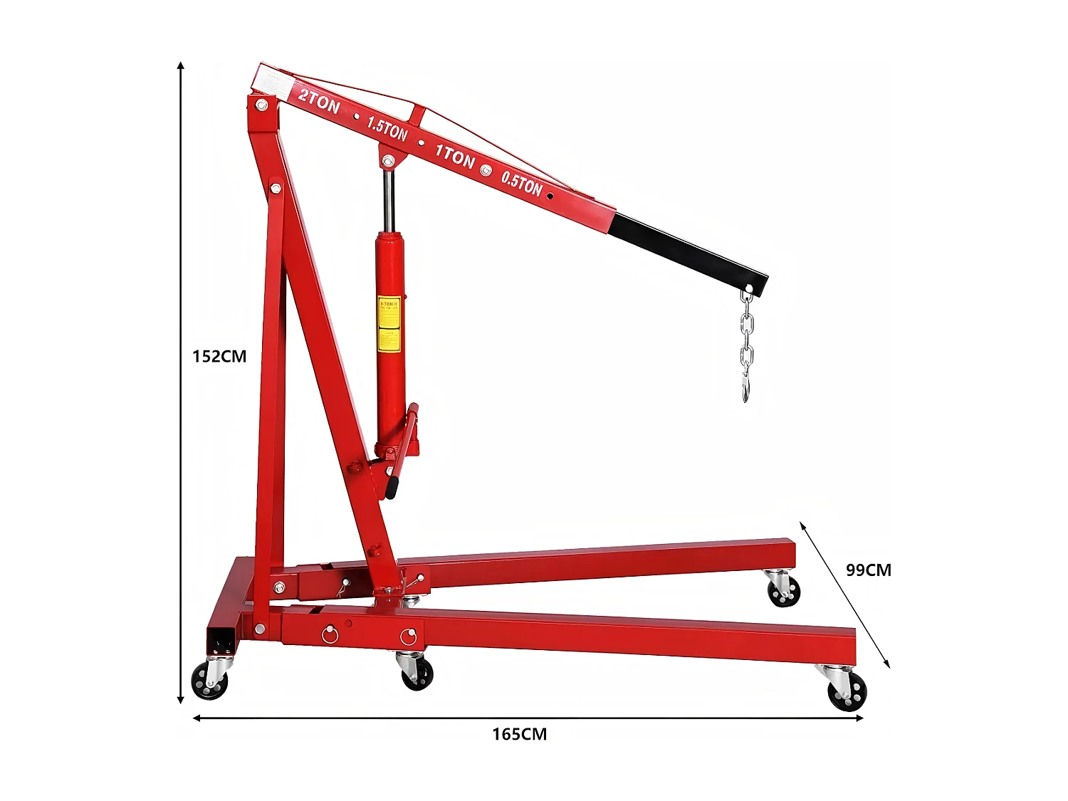 Grue à moteur hydraulique pliable, Grue d’atelier, Charge MAX 2000kg, Plage de levage : 0-1830 mm, avec roues universelles, 165x99x152CM