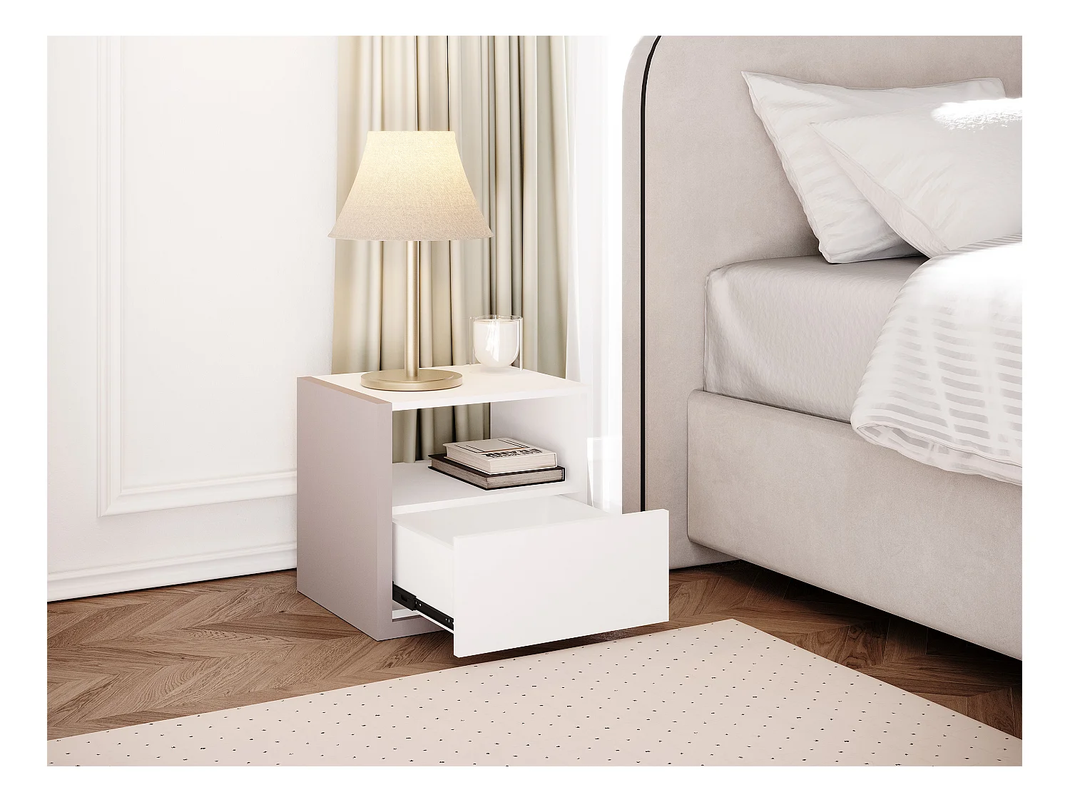 Lot de 2 tables de chevet - 1 tiroir et 1 niche - Blanc et taupe - NAPOLI II