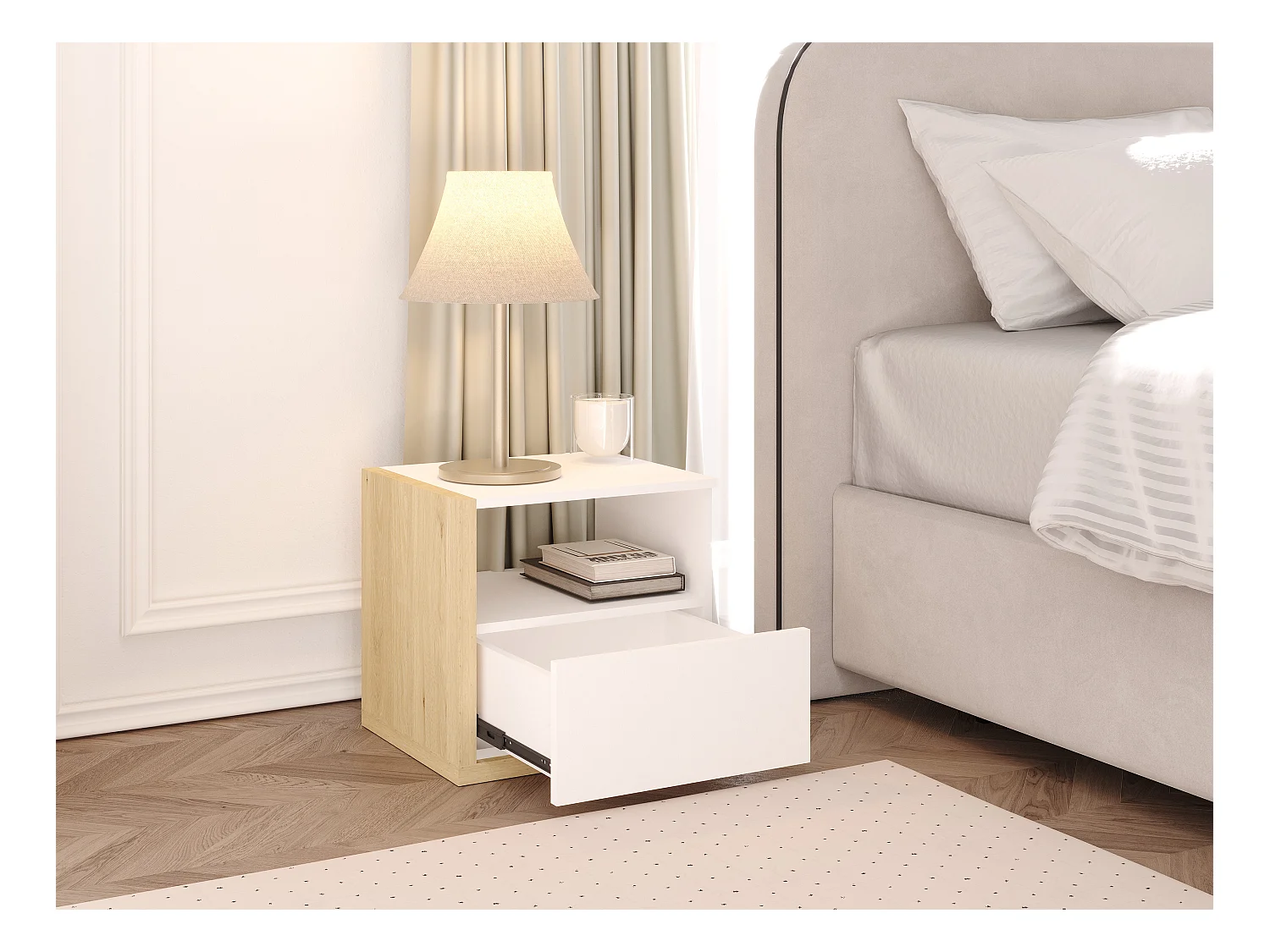 Set de 2 mesitas de noche escandinavas - 1 cajón y 1 estante - Blanco y natural - NAPOLI II