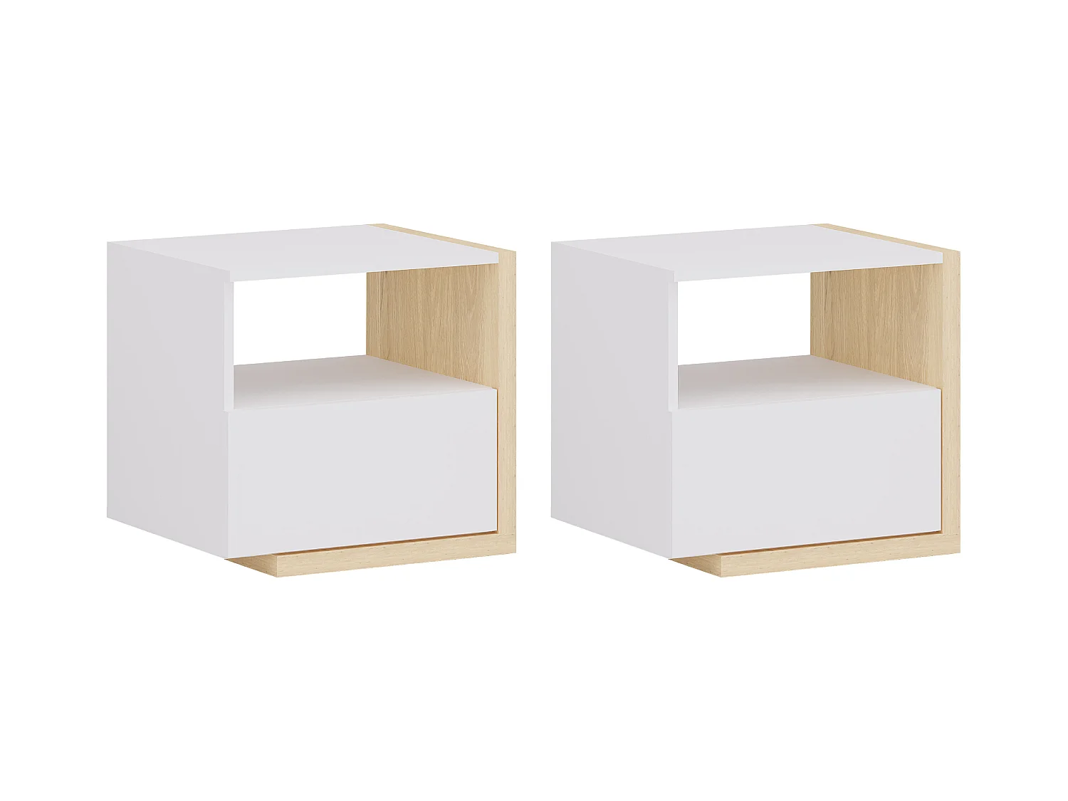 Set de 2 mesitas de noche escandinavas - 1 cajón y 1 estante - Blanco y natural - NAPOLI II