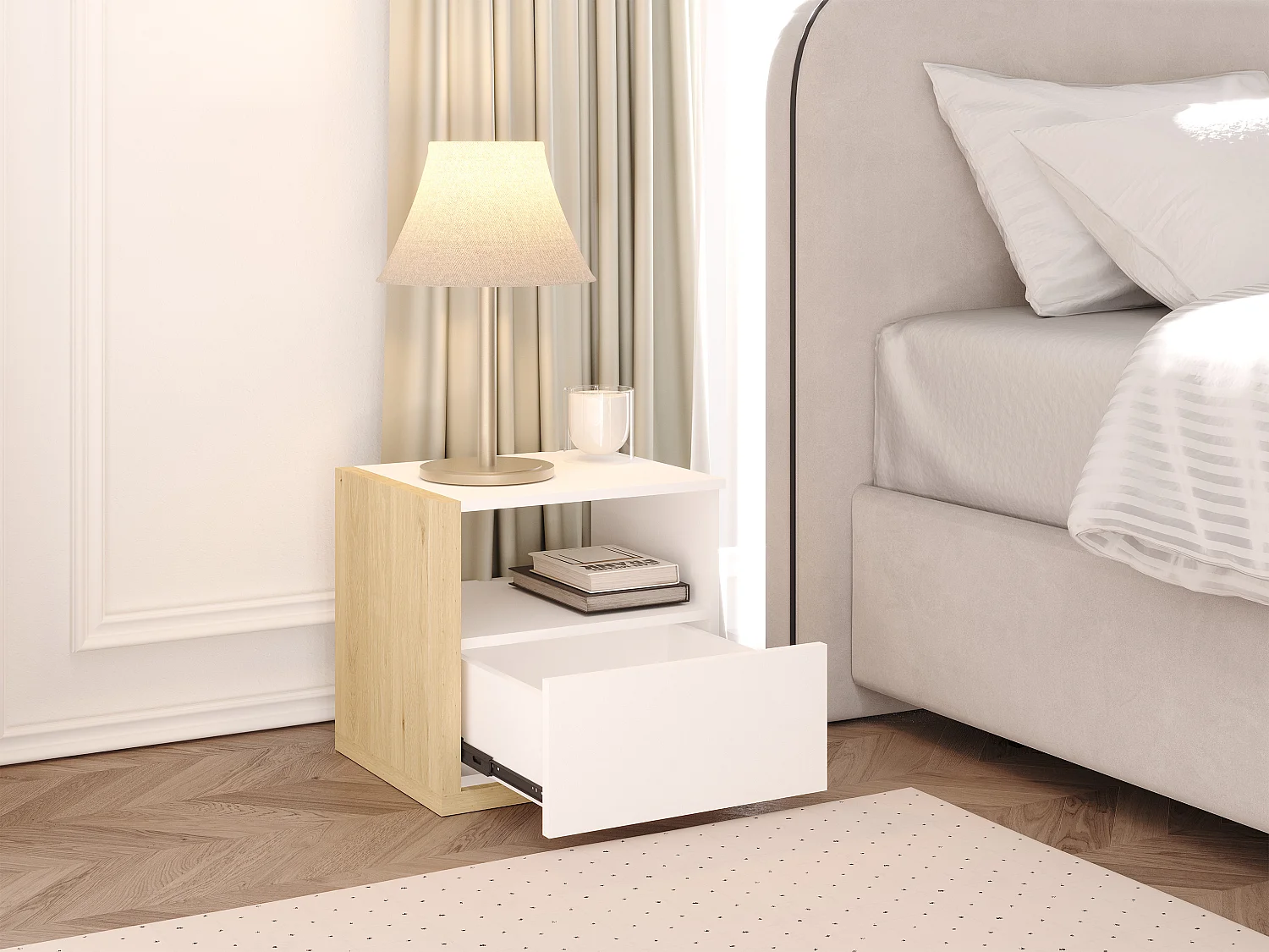 Set de 2 mesitas de noche escandinavas - 1 cajón y 1 estante - Blanco y natural - NAPOLI II