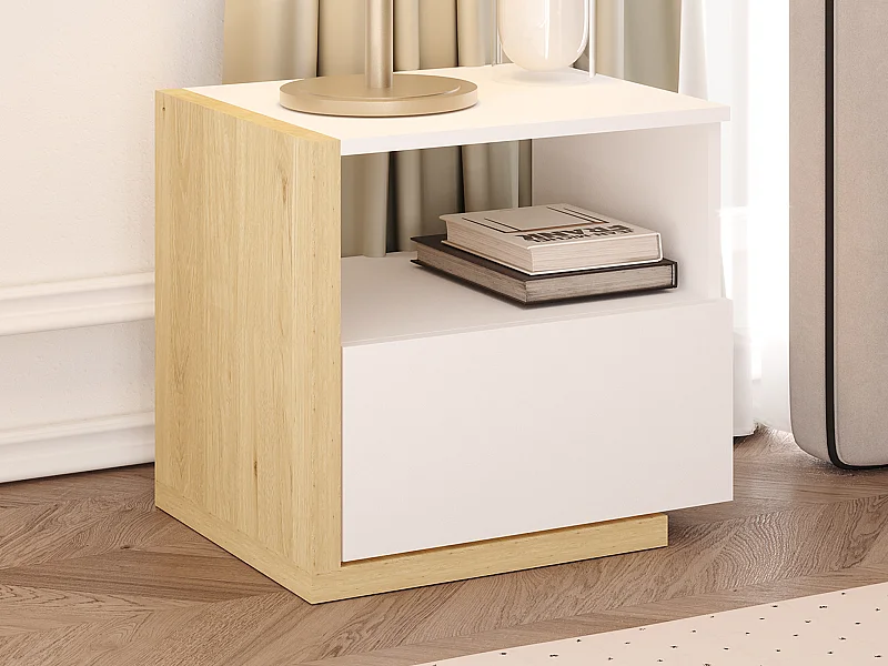 Conjunto de 2 mesas de cabeceira escandinavas, 1 gaveta e 1 nicho, branco e natural - NAPOLI II