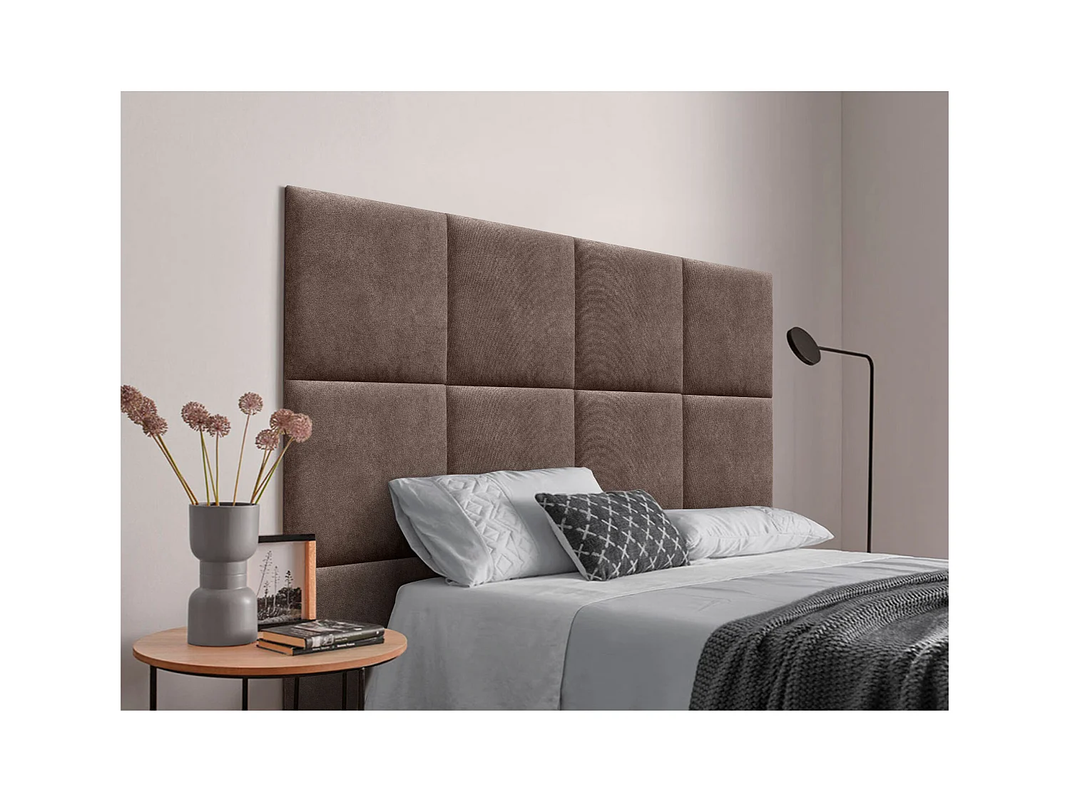 DHOME Tête de lit tapissée en tissu Aqualine composée de panneaux de lit autocollants interchangeables pour chambre de luxe (Marron, 140 cm)