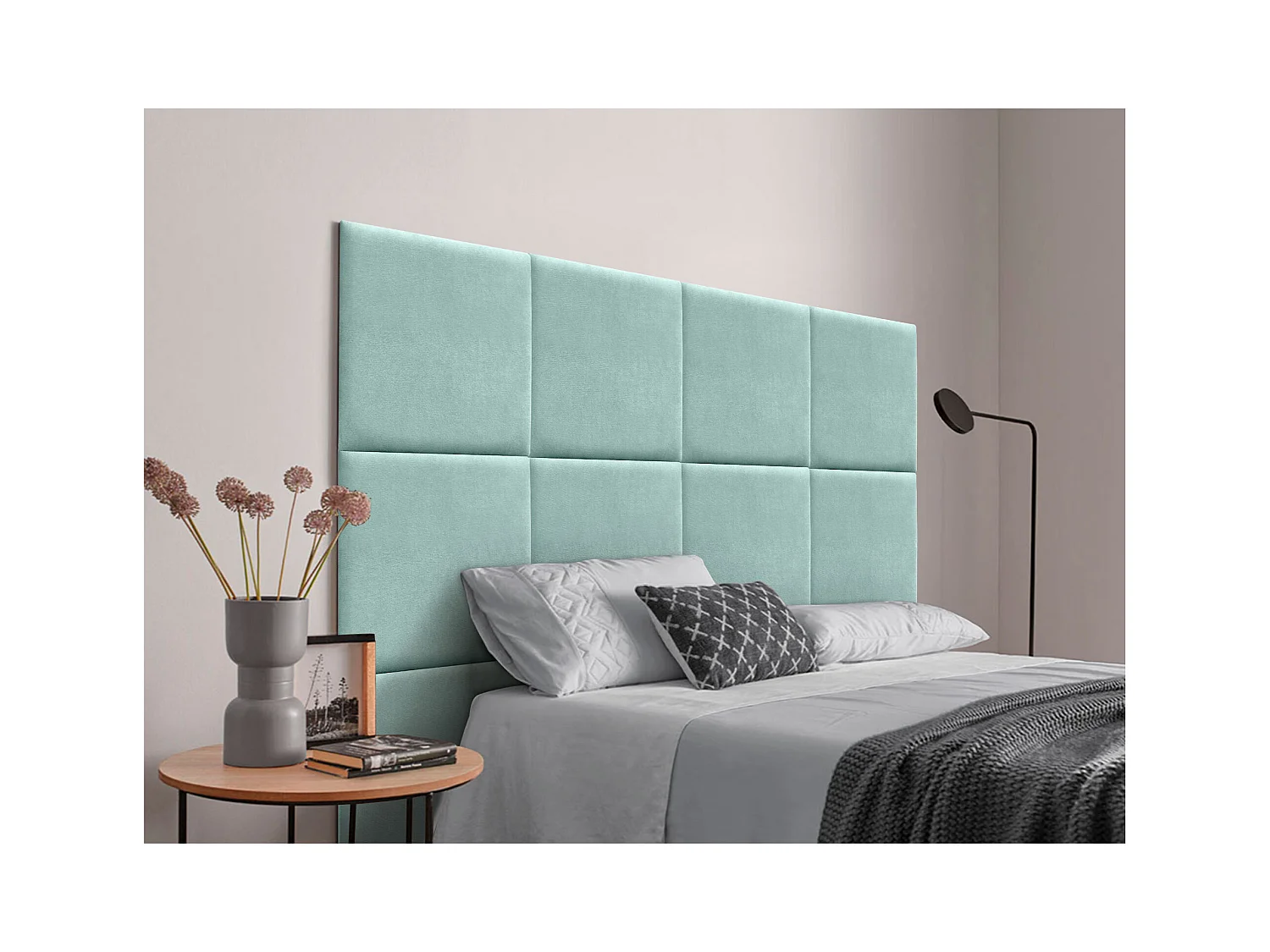 DHOME Gepolstertes Kopfteil aus Acualine-Stoff, aus selbstklebenden, austauschbaren Bettpaneelen, luxuriös gepolstertes Schlafzimmer (Wassergrün, 220 cm)