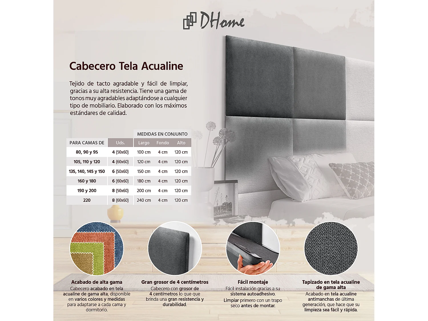 DHOME Tête de lit tapissée en tissu Aqualine composée de panneaux de lit autocollants interchangeables pour chambre de luxe (Gris cendré, 145 cm)
