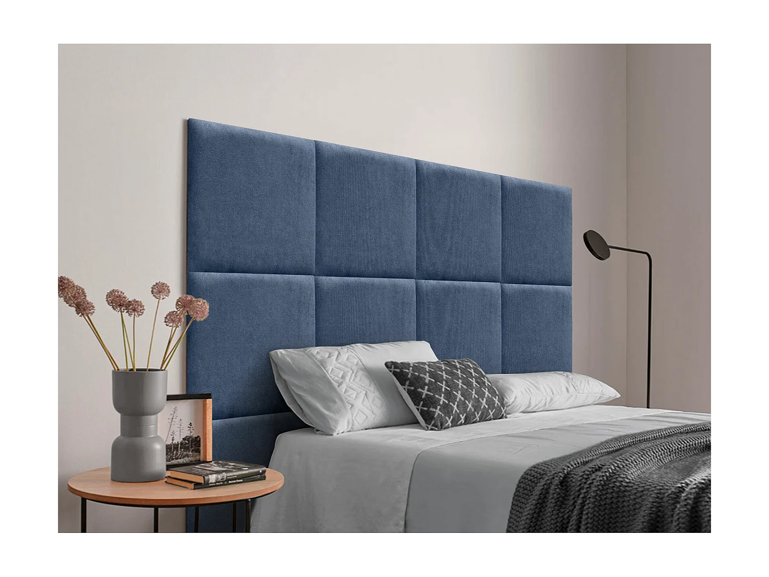 DHOME Testiera Rivestita in Tessuto Aqualine Composta da Pannelli Letto Intercambiabili Autoadesivi Camera da Letto di Lusso(Blu, 140cm)
